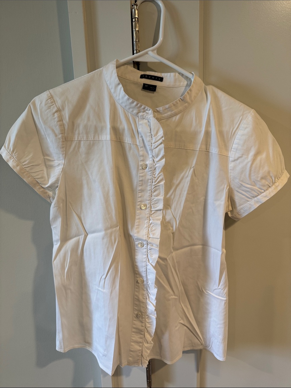 Theory White Ruffle-Front Short Sleeve Shirt